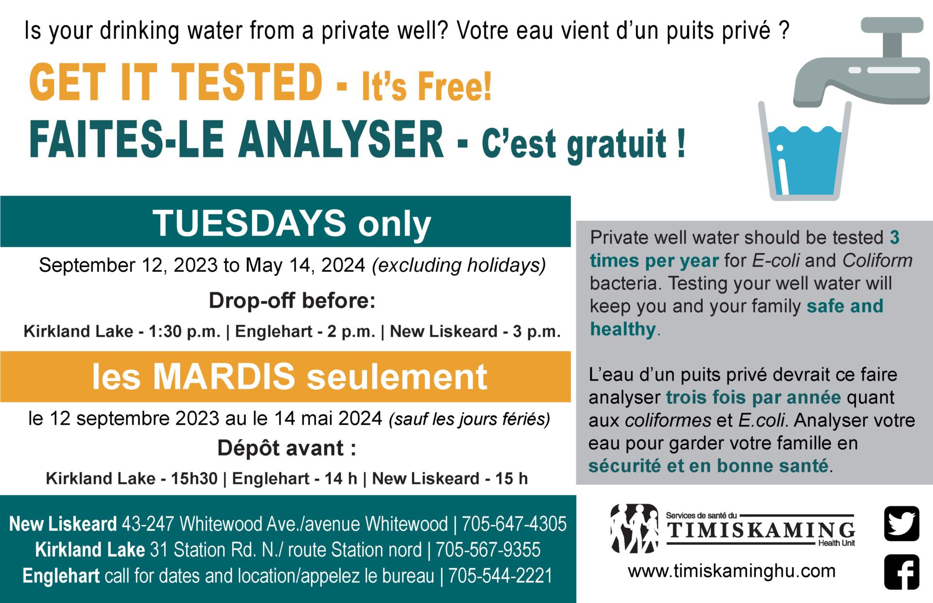 Faites-le analyser les mardi seulement à New Liskeard, Englehart et Kirkland Lake